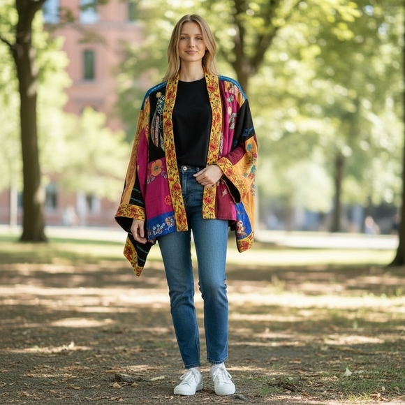 Johnny Was Floral Embroidered Silk Open Front Kimono Cardigan - Picture 2 of 16